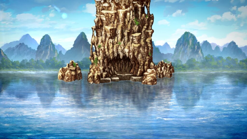 青く澄んだ湖の中央に、岩山のようにそびえるトラン城が描かれる幻想水滸伝Iの場面。山々を背景にそびえる岩の要塞の入り口は暗い洞窟のように口を開け、船でなければ近づけない孤高の城の威圧感と神秘性が際立つ。