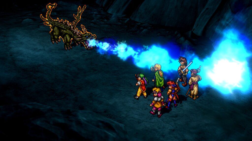 ドラゴンゾンビが青い炎を吐き出し、坊ちゃんと仲間たちが立ち向かう戦闘シーン。暗い岩肌の中、迫力ある火炎と仲間たちの緊張感が物語のクライマックスを盛り上げる。